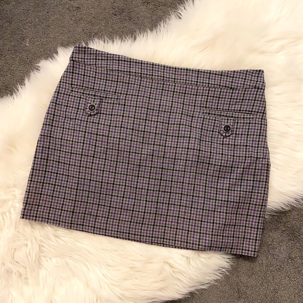 Grey and purple checked wool mini skirt